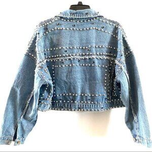 Hand Beaded Denim Over The Shoulder Rivet Studded Blue Denim Jacket One Size